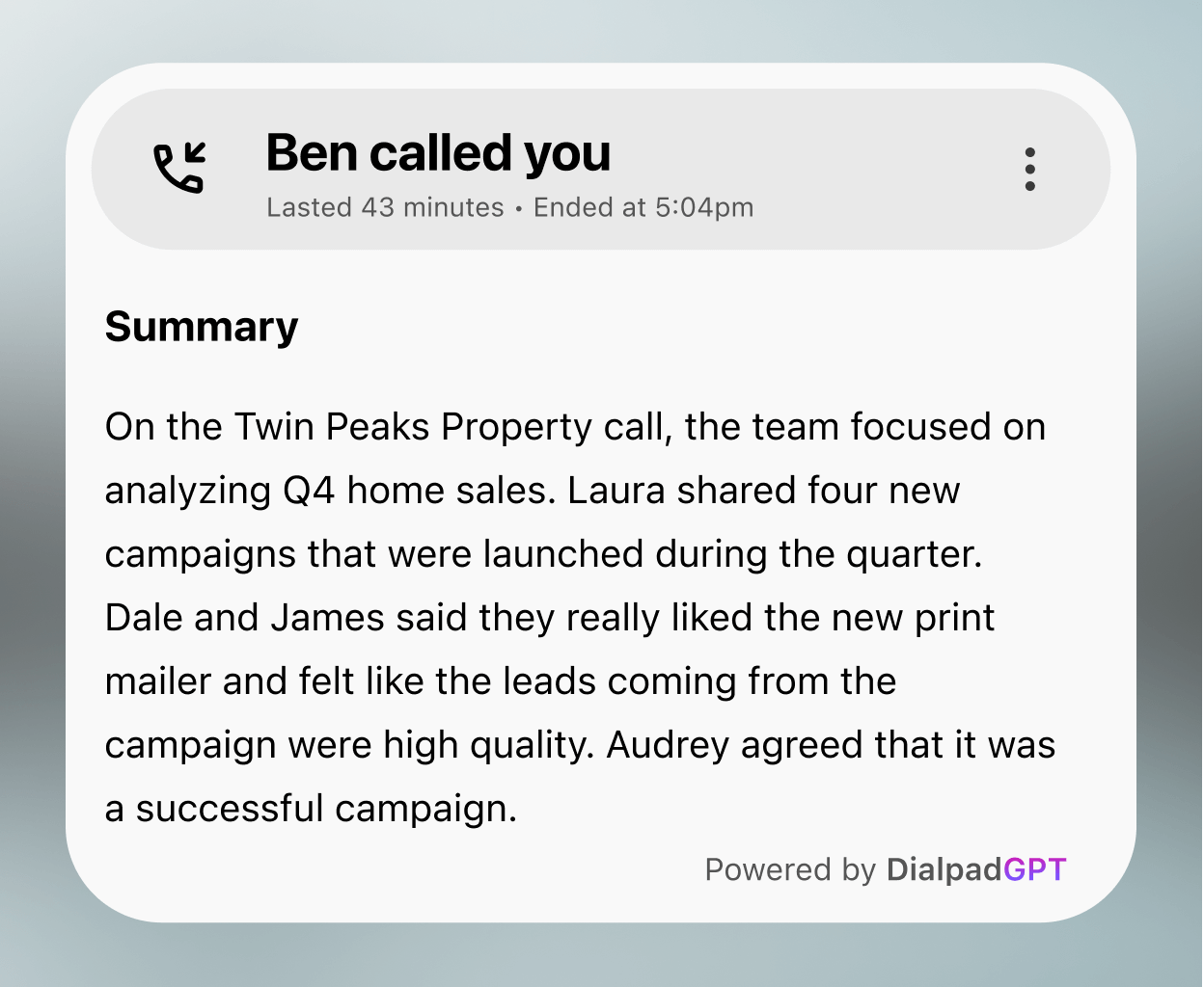 Screenshot of a call summary generated by Dialpad Ai Recaps feature