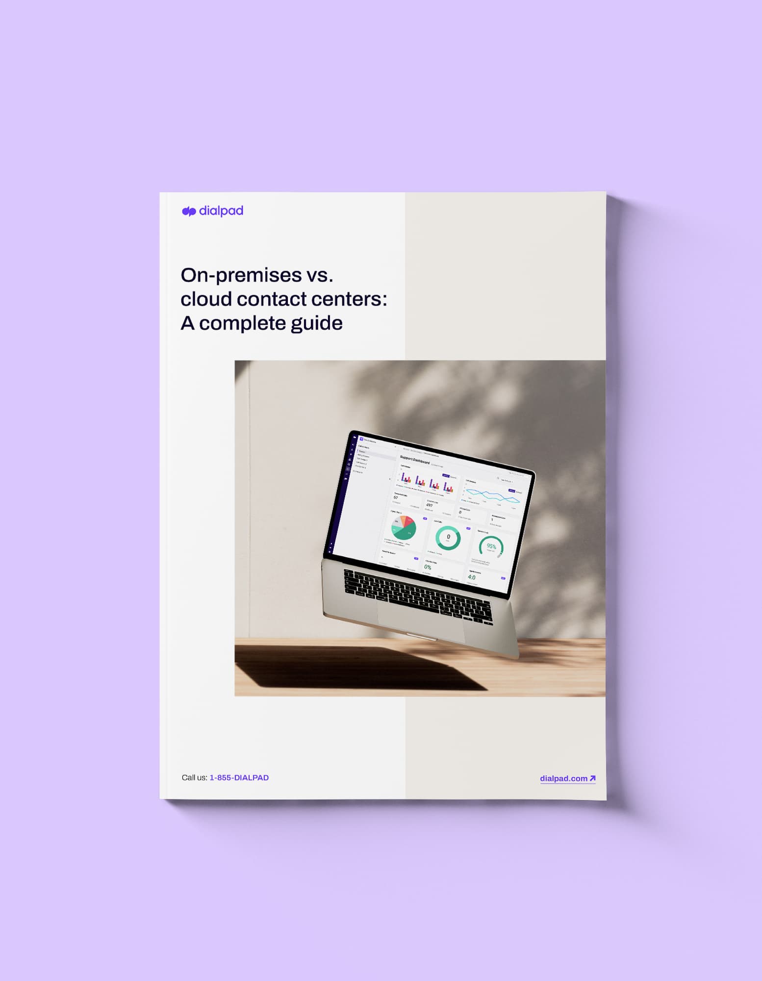 Mockup of a guide titled On-prem vs. Cloud Contact Centers: The Pros & Cons