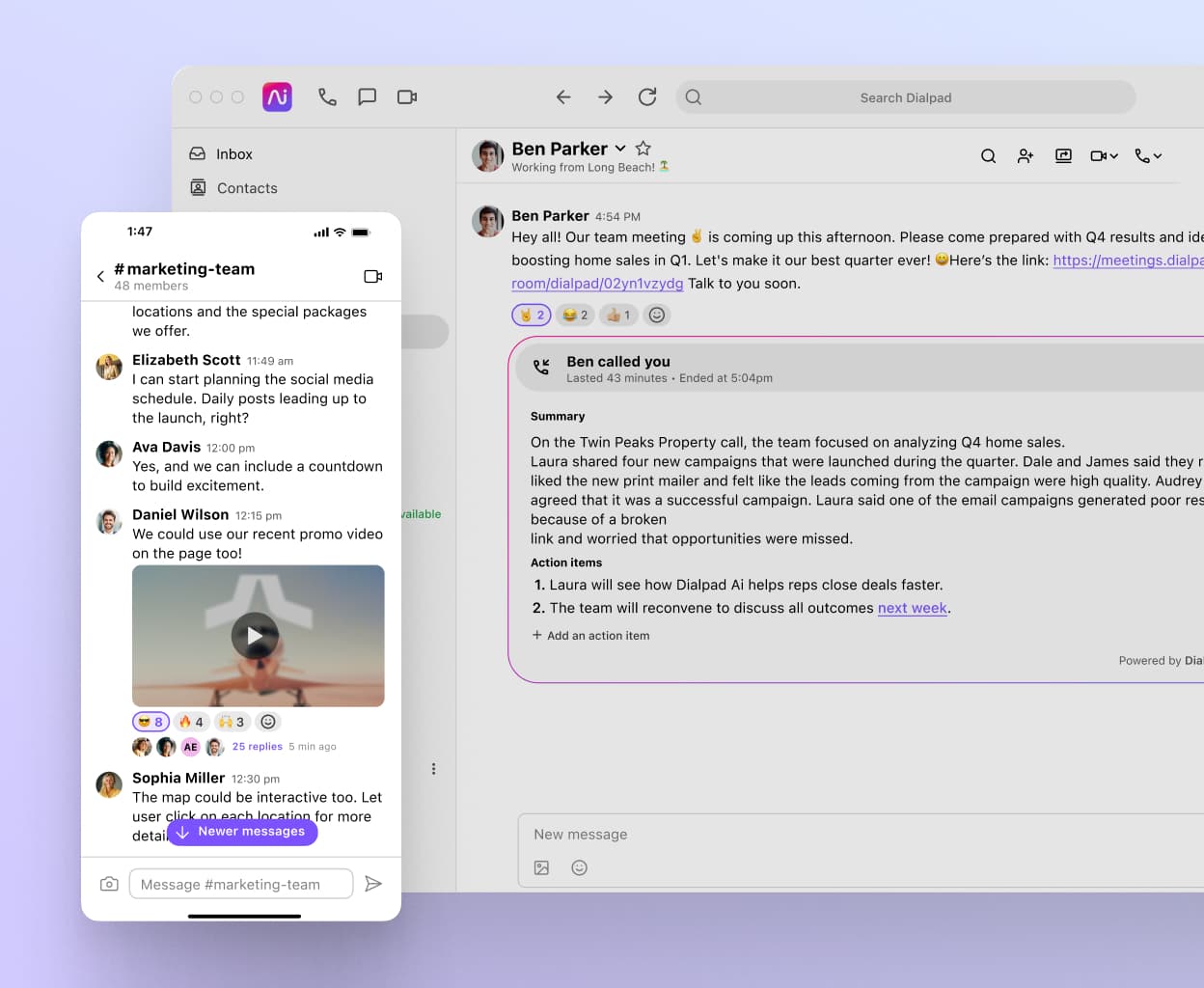 Screenshot of business text messaging features in Dialpad's desktop and mobile applications