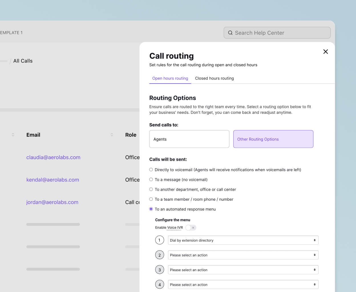 Screenshot of Dialpad's call routing options