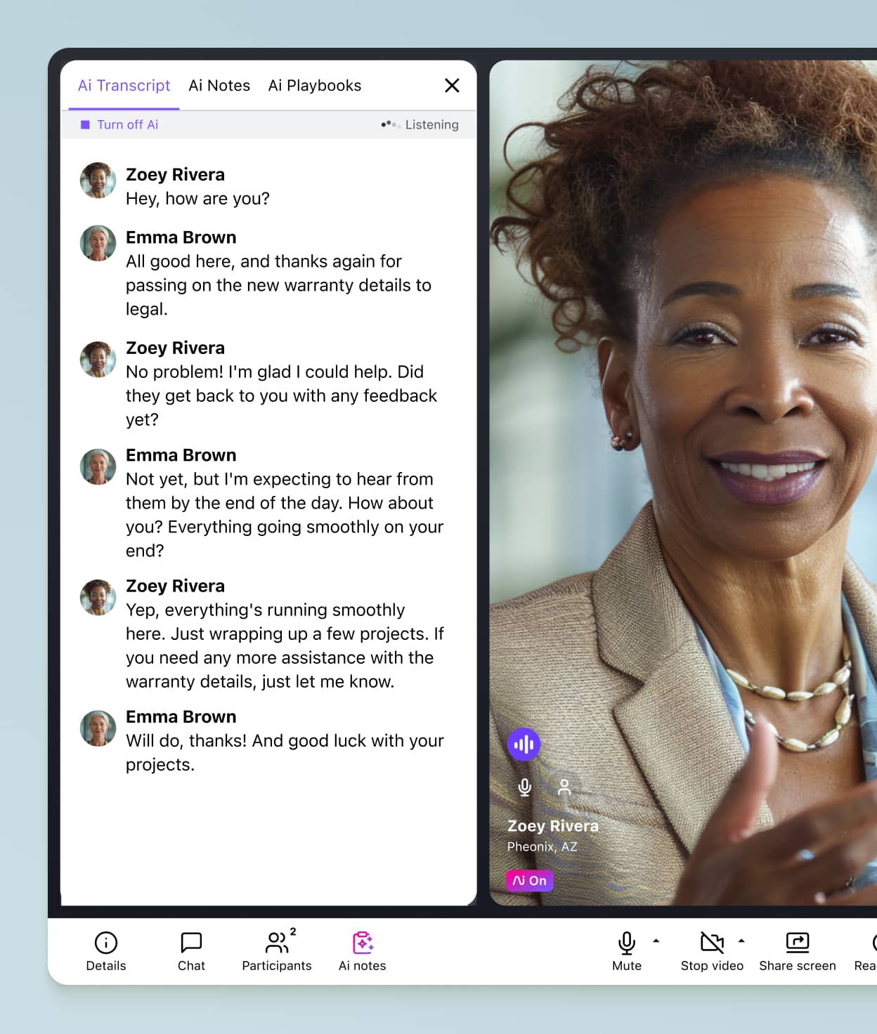 Screenshot of Dialpad Ai transcribing a video call in real time