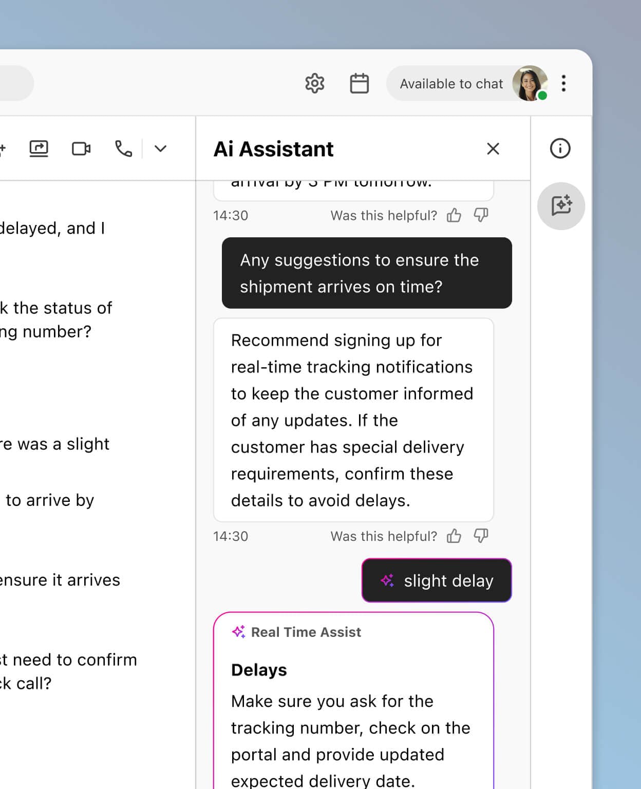 Screenshot of Dialpads real time assist card feature popping up helpful notes for an agent or rep when a tricky question comes up on a call