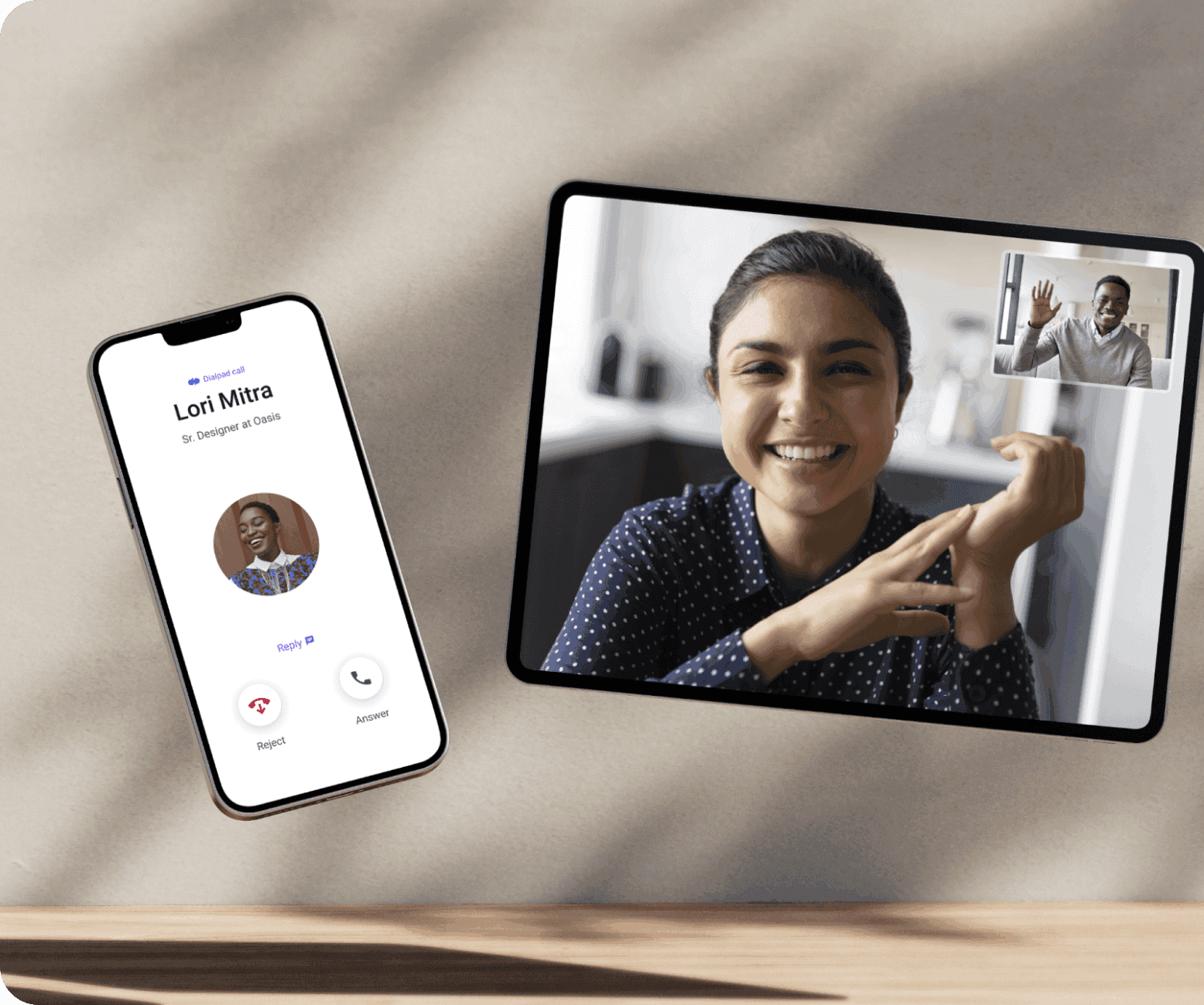 Screenshot of Dialpad's video conferencing interface displaying a video feed with two participants