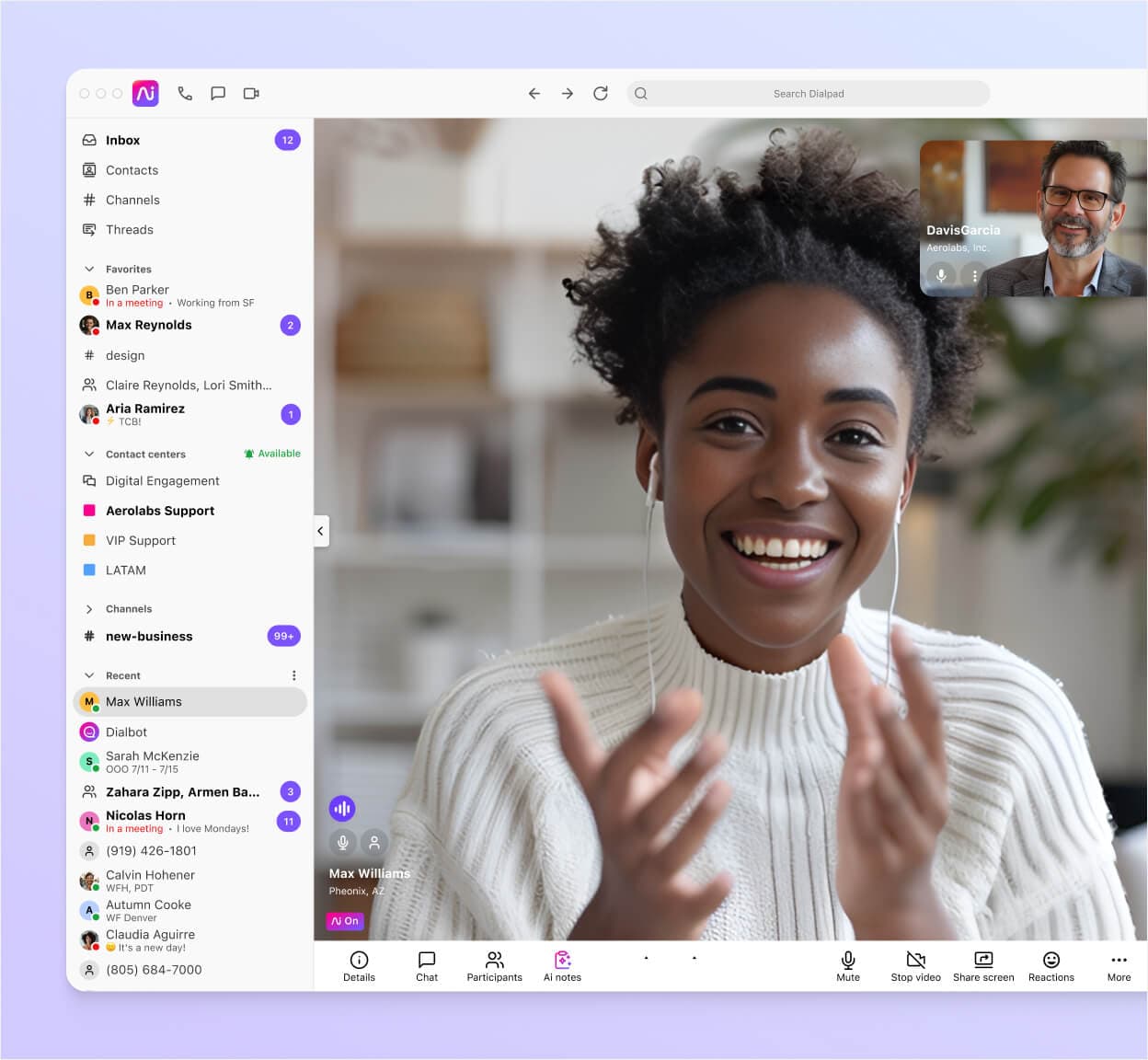 Screenshot of Dialpad's video conferencing interface displaying a video feed with two participants