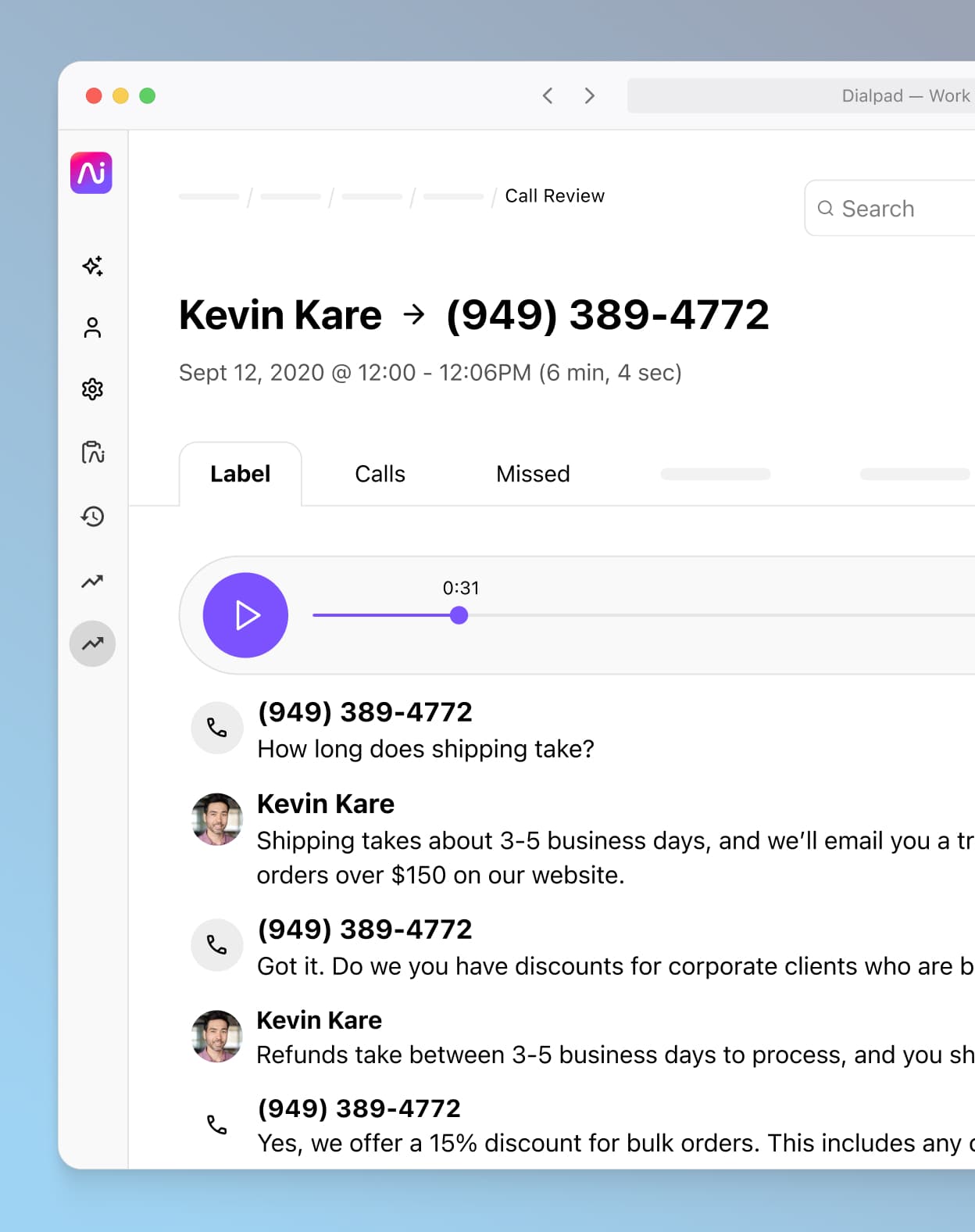 Screenshot of Dialpads AI powered post call summary with transcript and recording