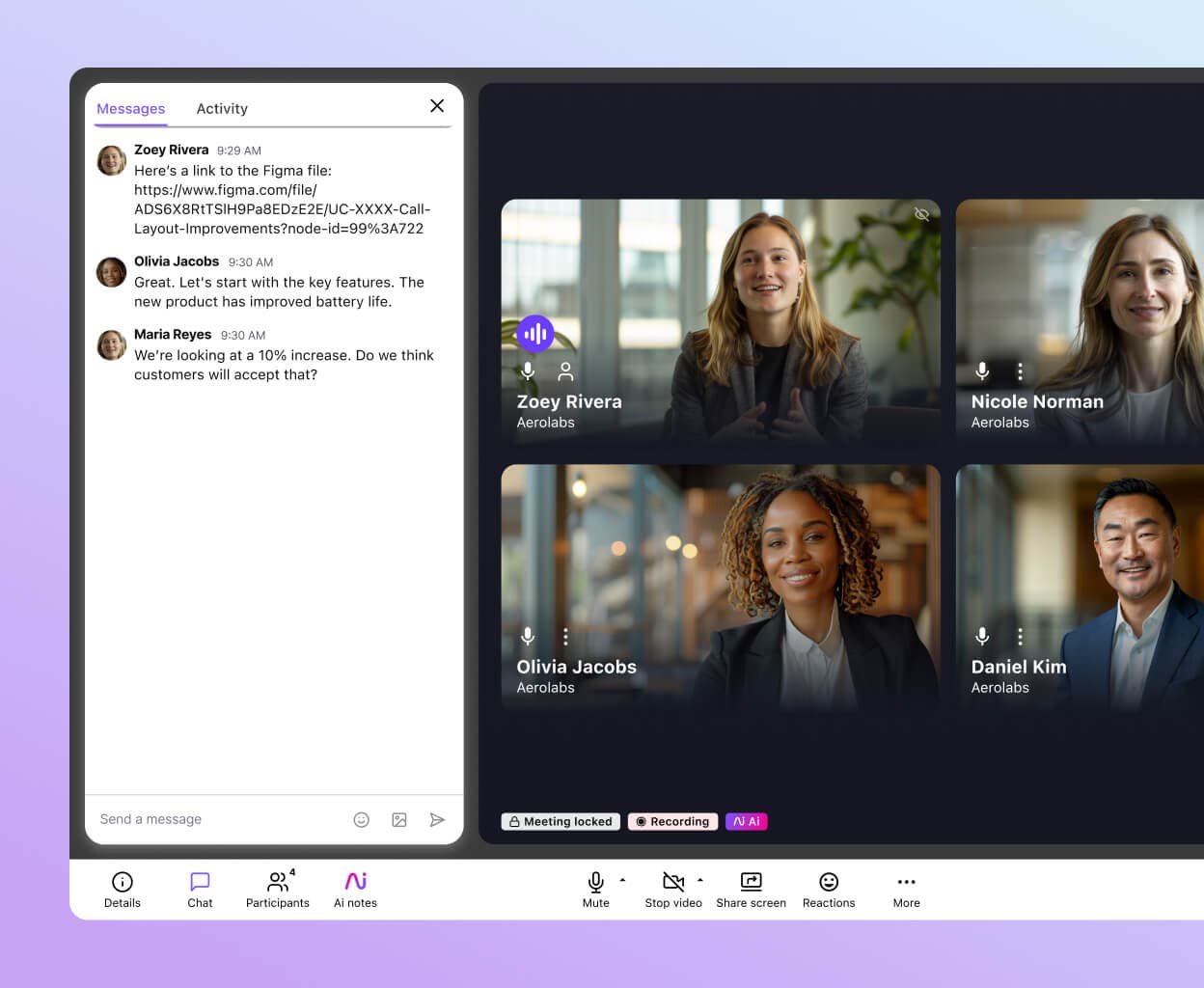 Screenshot of the in-meeting chat feature in Dialpad, showcasing group messaging during a conference call