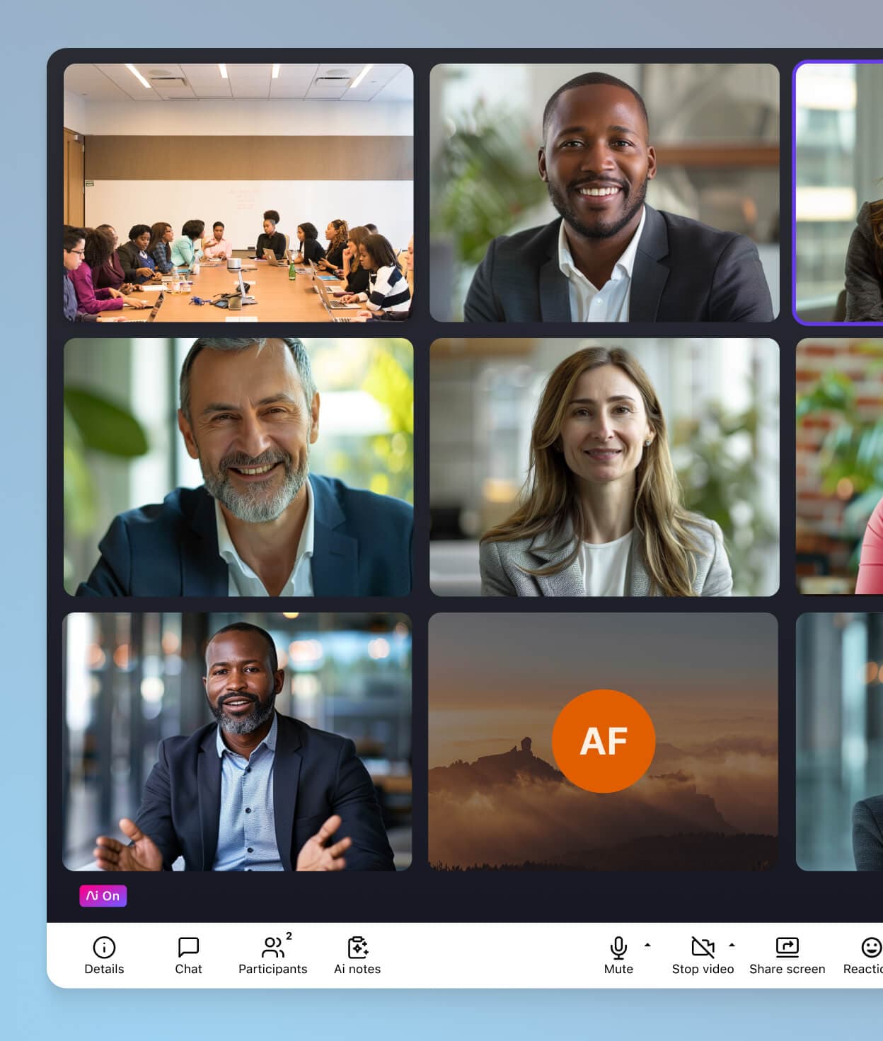 Screenshot of Dialpad AI Meetings UI in grid view, showing participant thumbnails and call controls below