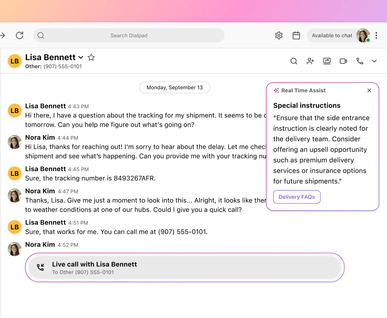Screenshot of Dialpads real time assist card feature popping up helpful notes for an agent or rep when a tricky question comes up on a call