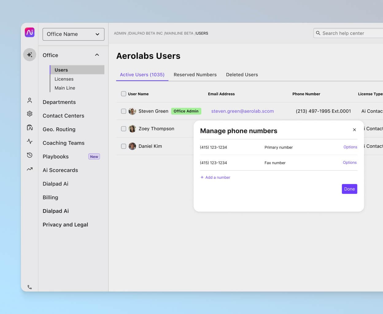 Screenshot of adding and managing phone numbers from Dialpads online dashboard