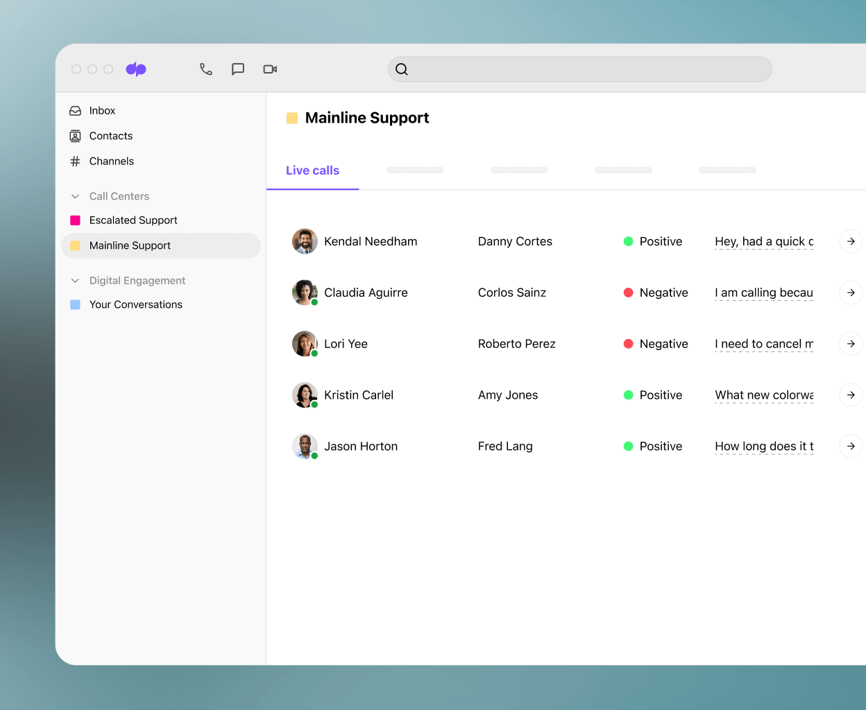 Screenshot of Dialpad Ai analyzing the sentiment of multiple calls in real time