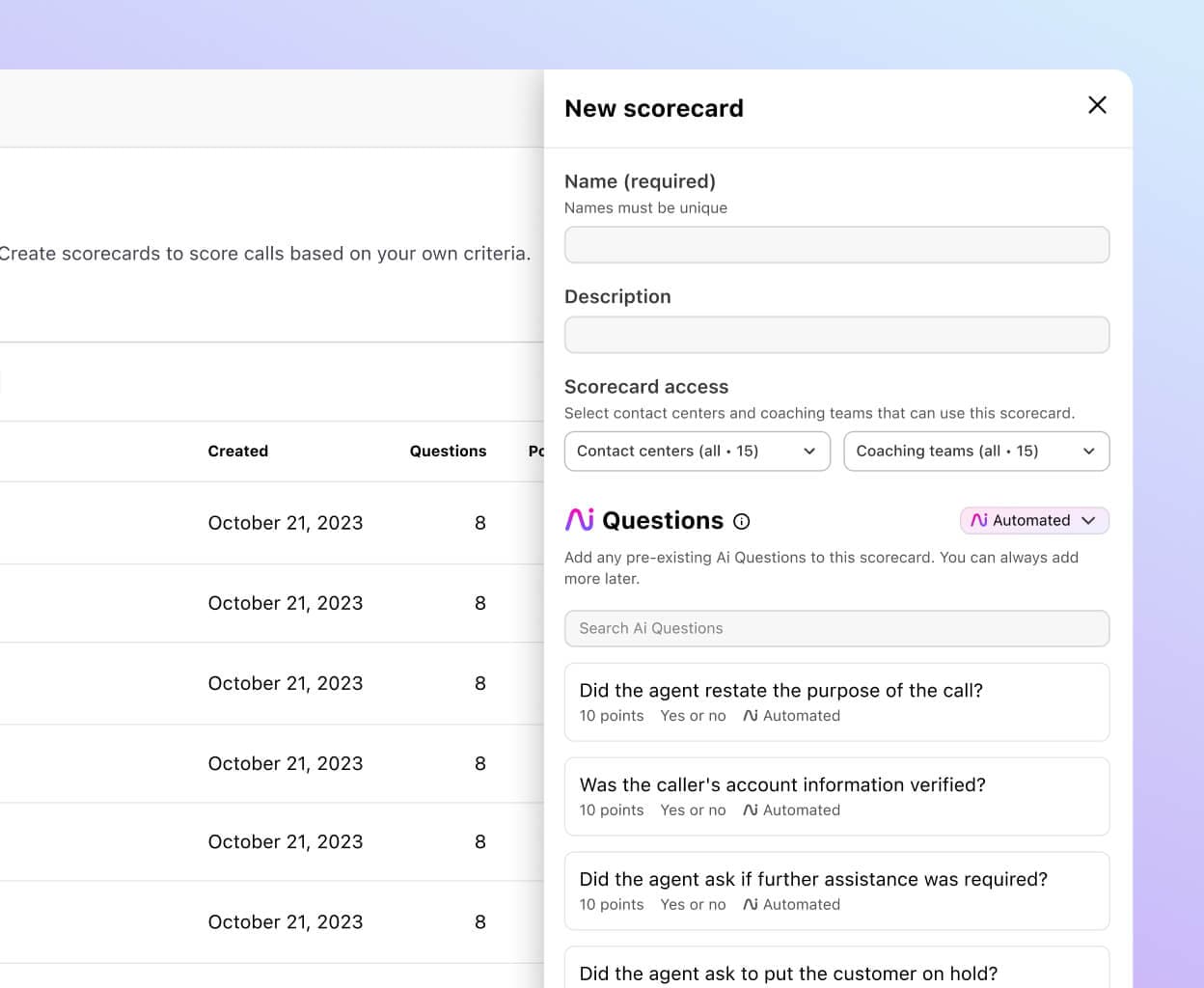Screenshot of creating a Dialpad Ai Scorecard in Dialpad’s online dashboard