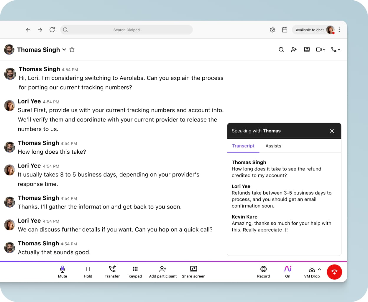 Screenshot of Dialpad Ai transcribing a phone call in real time.