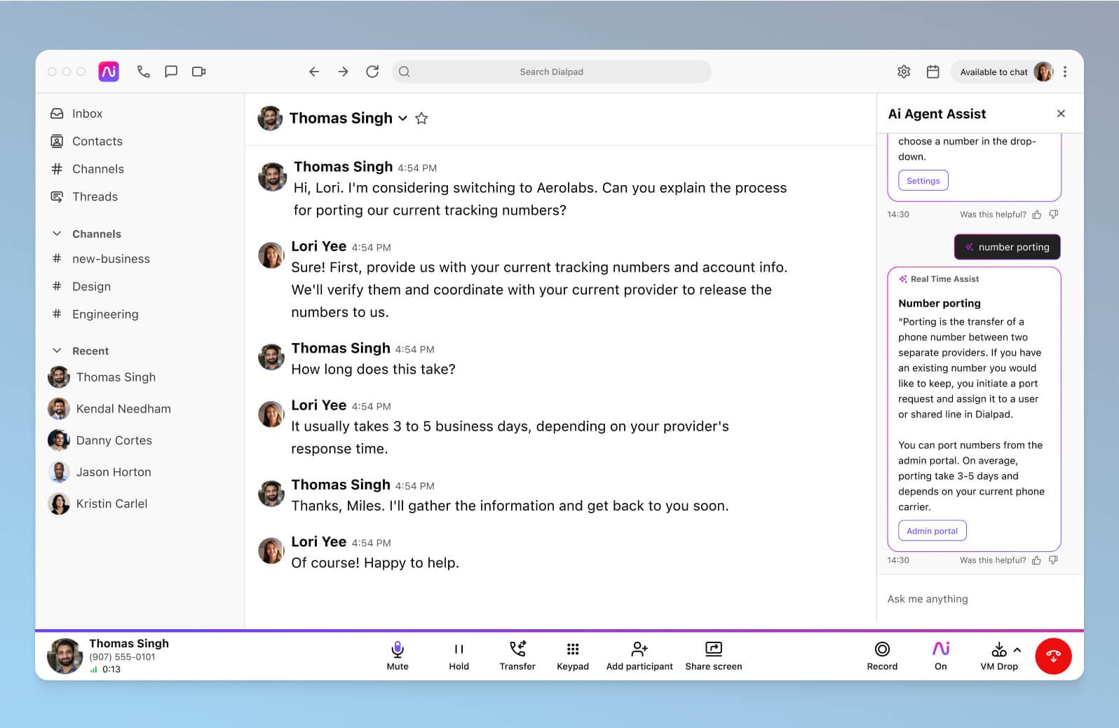 Screenshot of Dialpads real time assist card feature popping up helpful notes about number porting for an agent