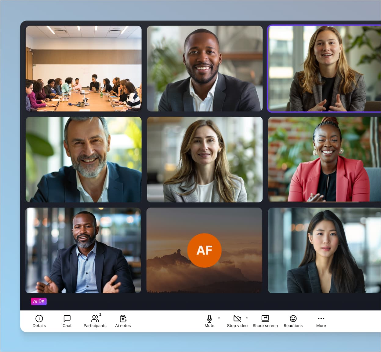 Screenshot of Dialpad AI Meetings UI in grid view, showing participant thumbnails and call controls below