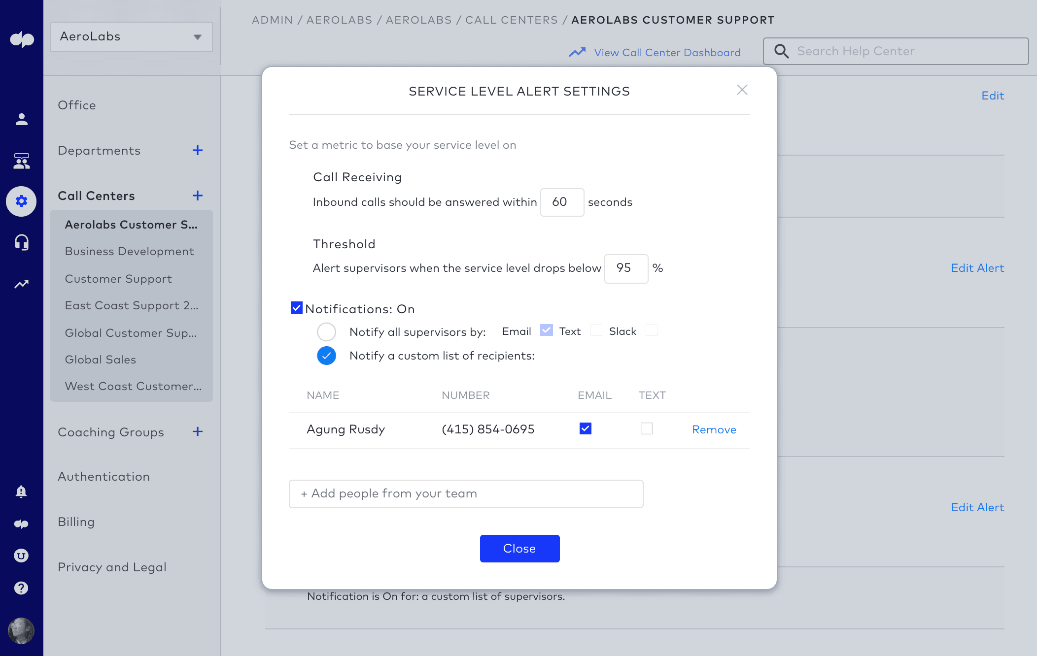 Service level alerts in dialpad contact center