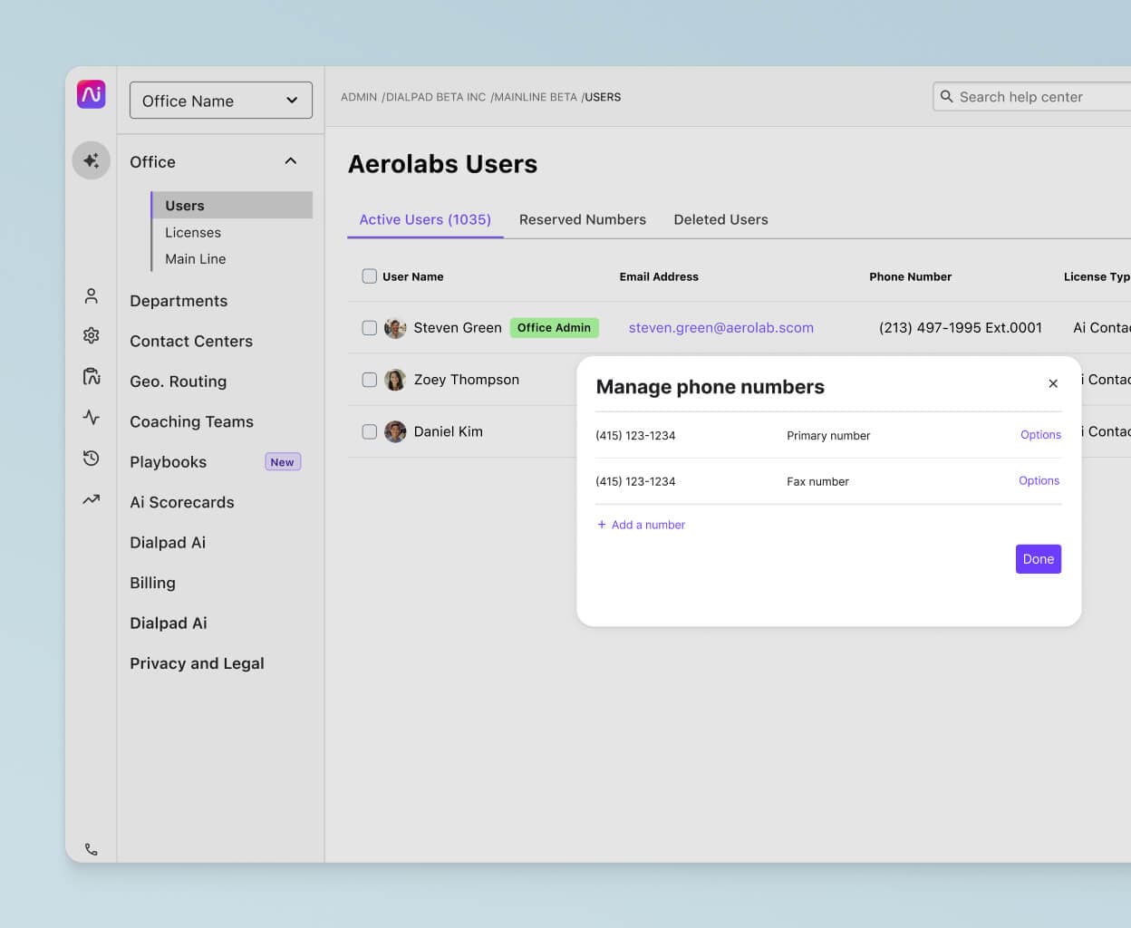 Screenshot of adding and managing phone numbers from Dialpads online dashboard