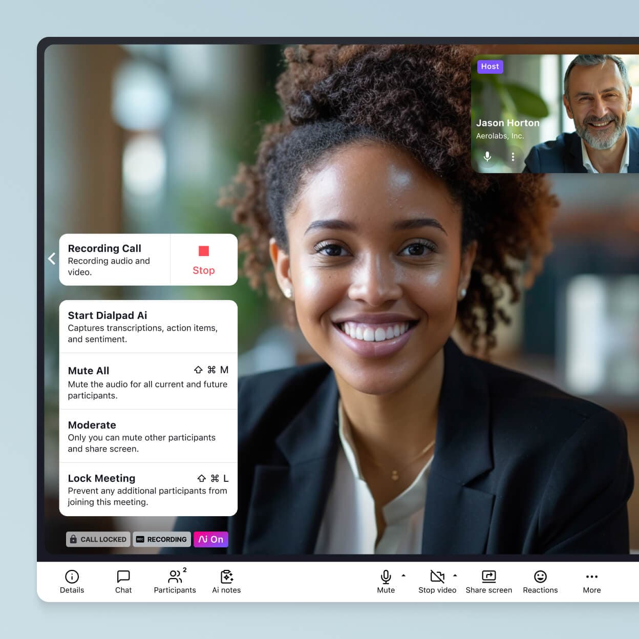 Screenshot of locking a video conference in Dialpad using the built-in security controls