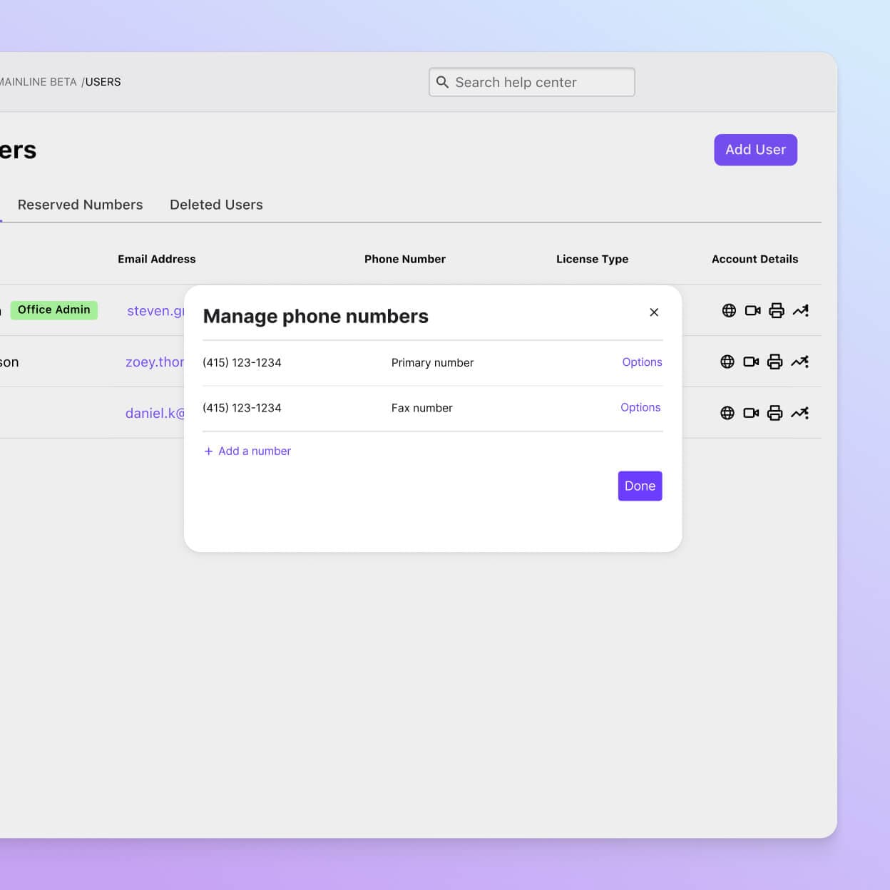 Screenshot of adding and managing phone numbers from Dialpads online dashboard