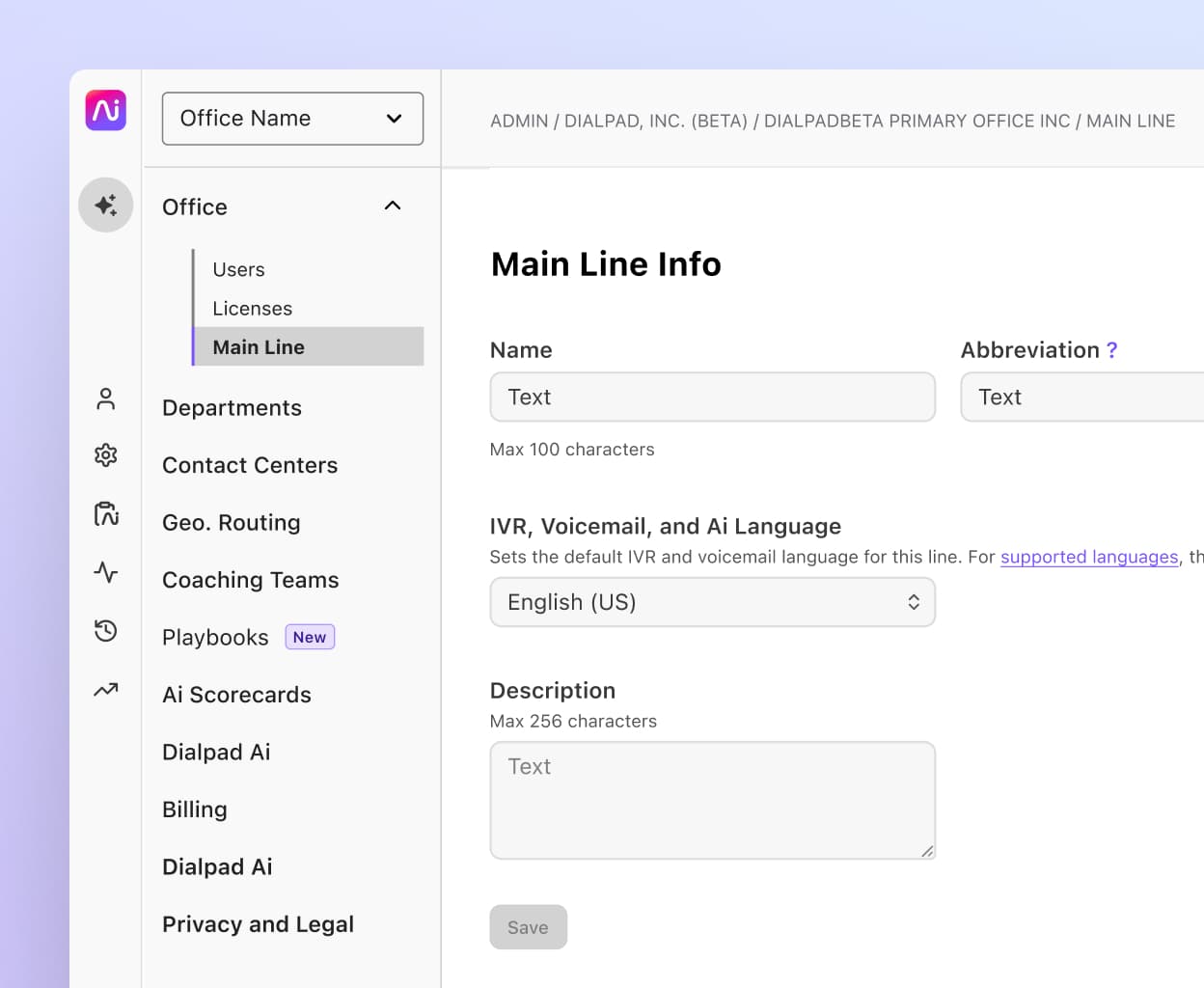 Screenshot of setting up the main line in Dialpad