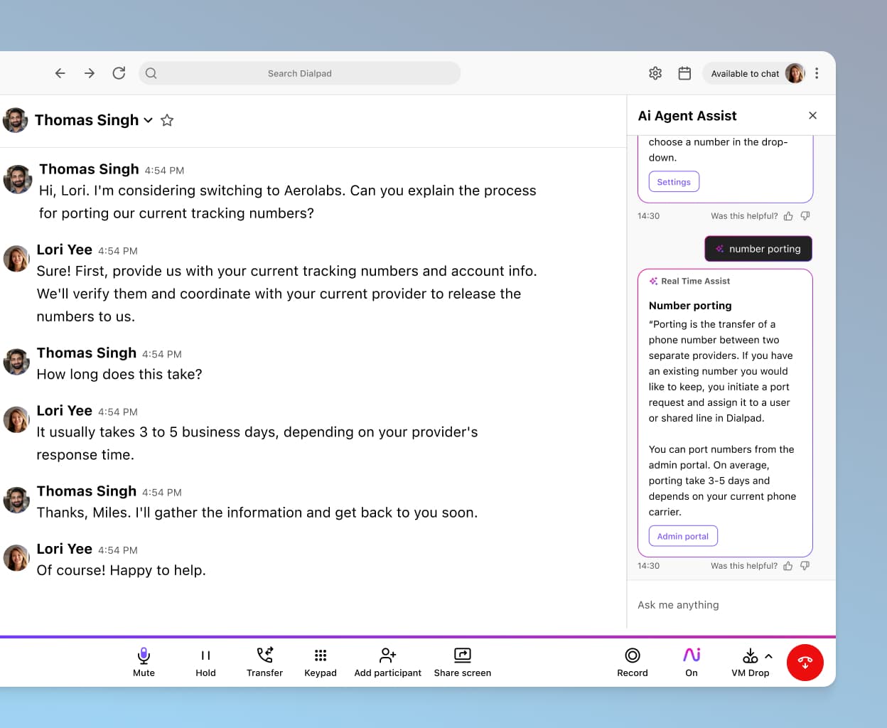 Dialpad's real time assist card feature popping up helpful notes for an agent or rep when a tricky question comes up on a call.