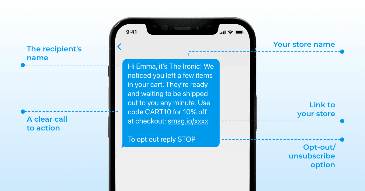 An photo of a phone that received a text message with guidelines on the different elements needed to create a good automated SMS text