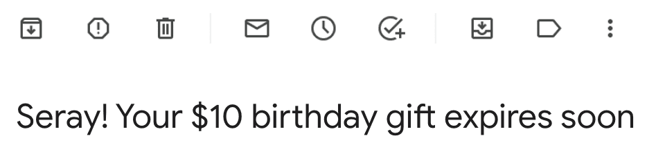 Email headline that mention a $10 birthday gift from brand called Torid