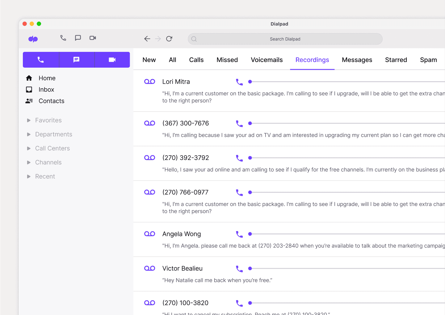 Screenshot of a list of call recordings in Dialpad's app