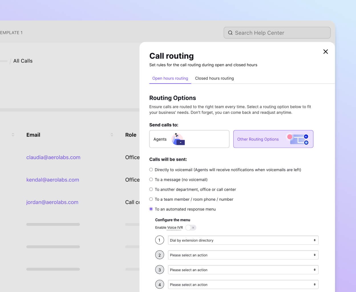 Screenshot of Dialpads call routing options