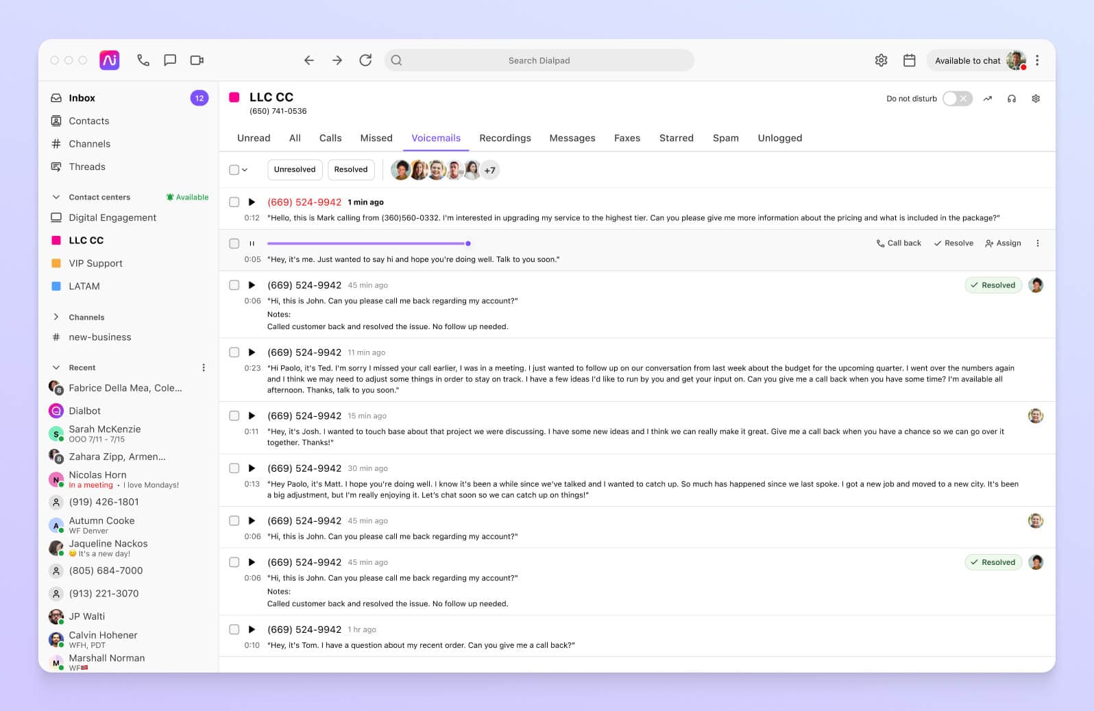 Screenshot of a list of voicemails in Dialpads desktop app, showing caller IDs, times, and durations