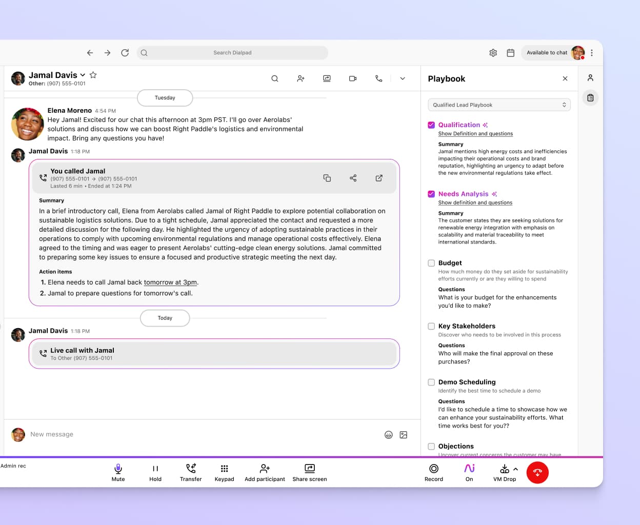 Screenshot of Dialpad Ai suggesting BANT sales playbook tasks for a rep in real time