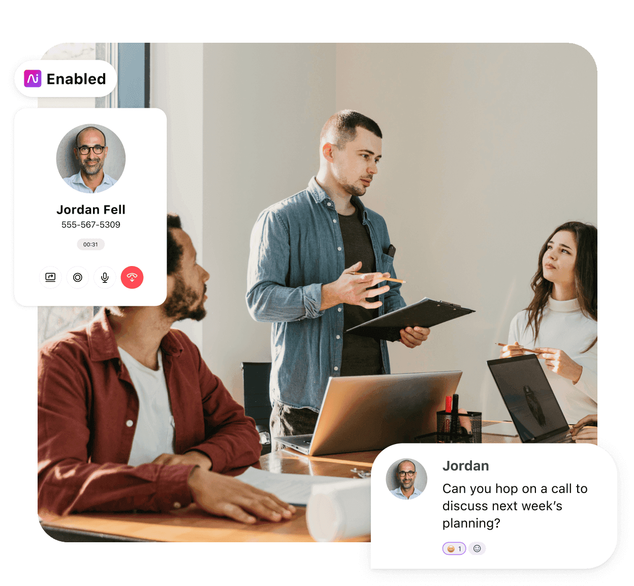 Three people in a meeting