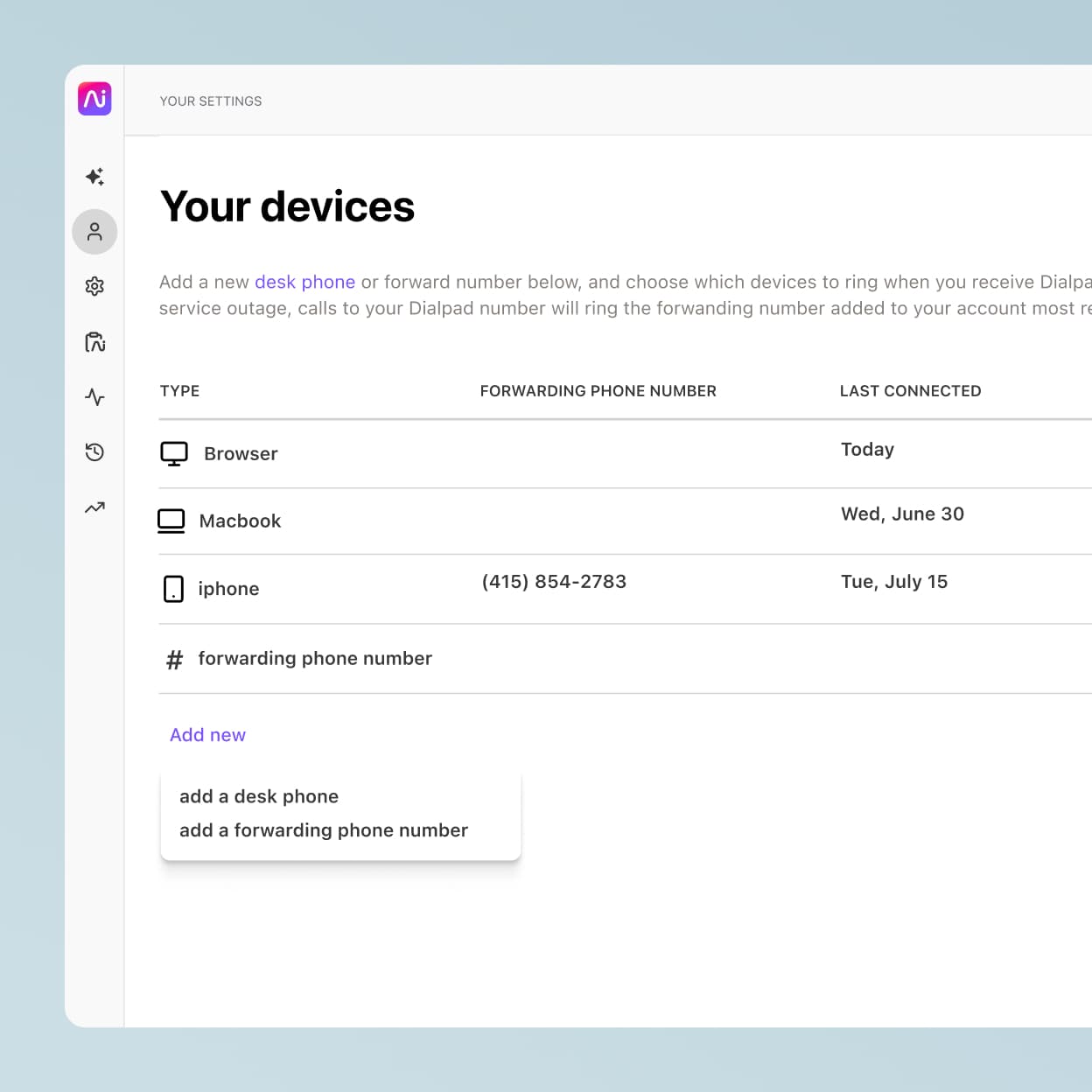 Screenshot of adding a call forwarding number from Dialpad’s online dashboard