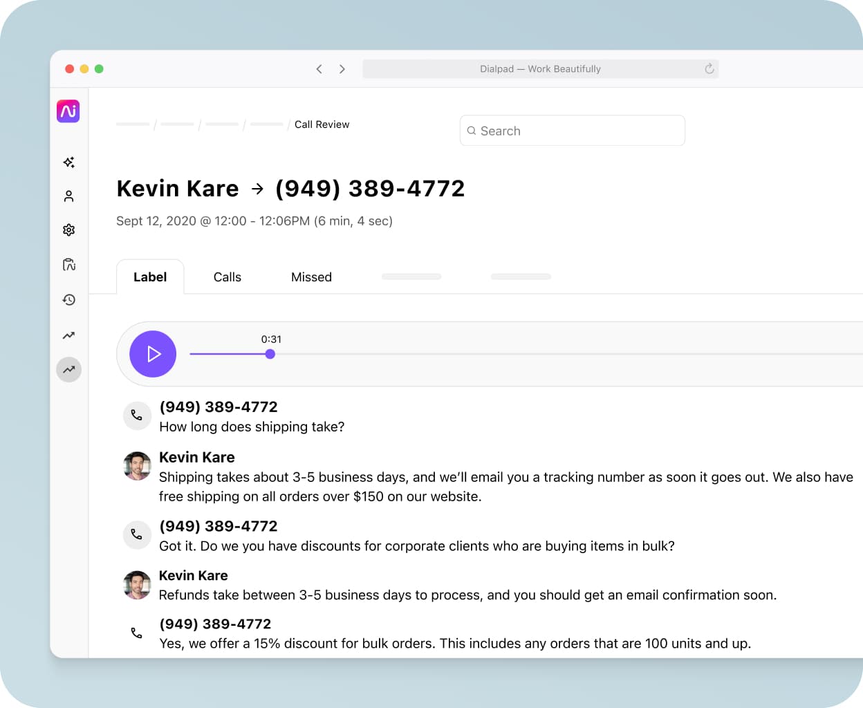 Screenshot of a list of recorded calls in Dialpad's app