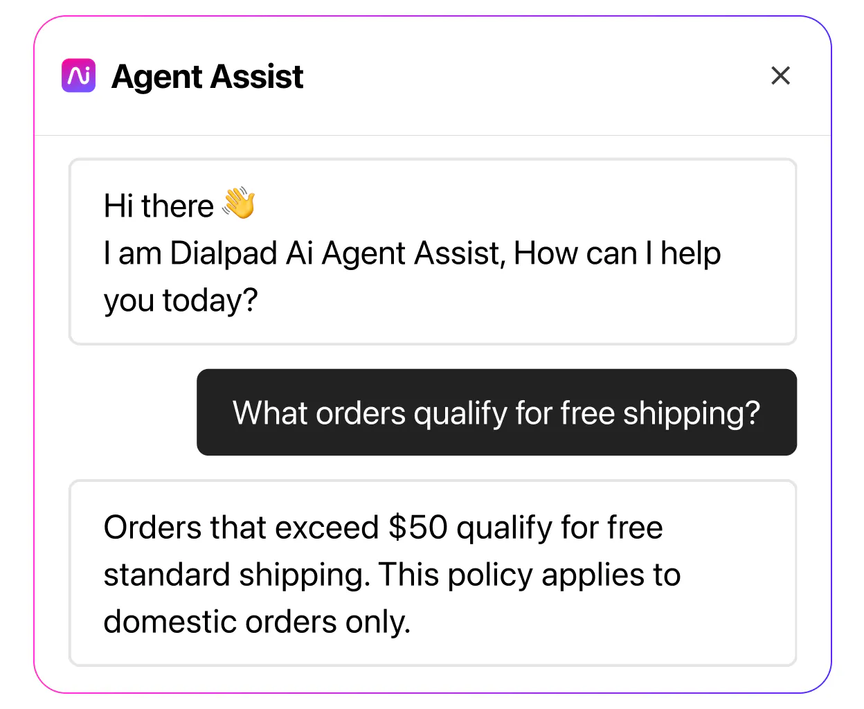 Screenshot of Dialpad’s real time assist card feature popping up helpful notes for an agent or rep when a tricky question comes up on a call