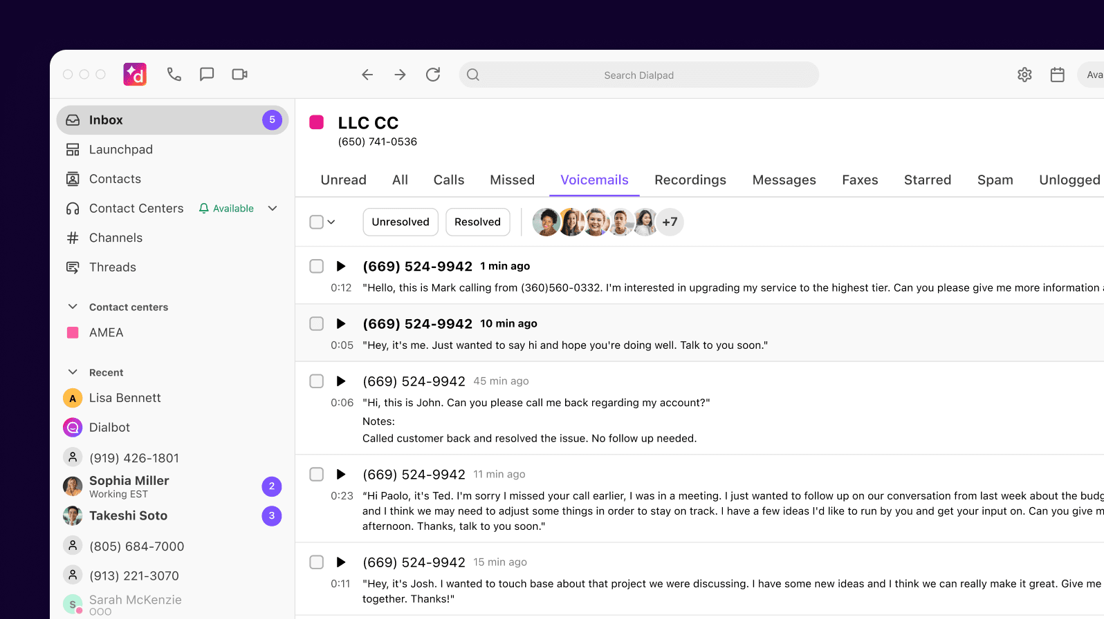 Dialpad visual voicemail list