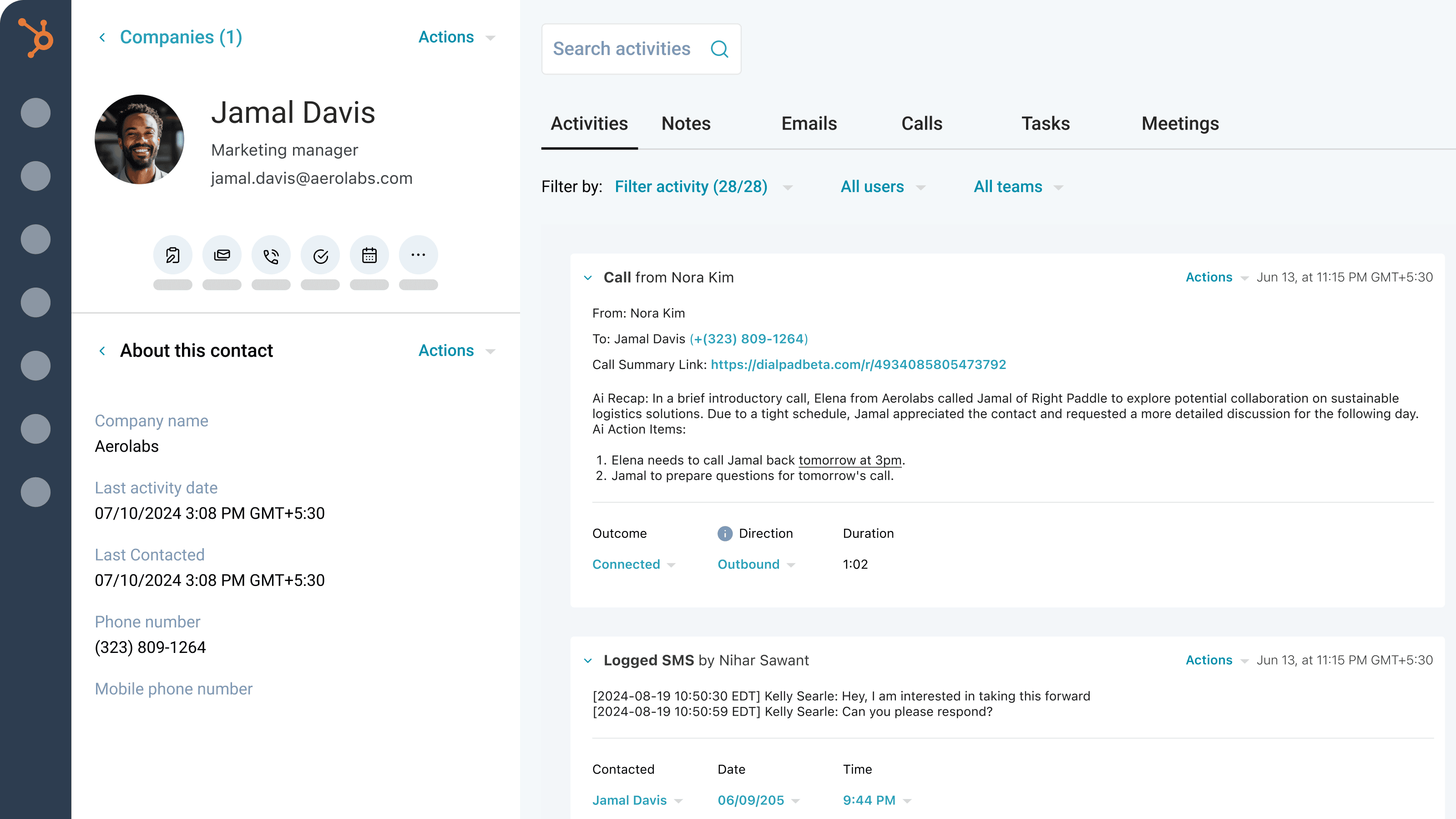 Dialpad call and SMS logging in HubSpot contact activities Dialpad call and SMS logging in HubSpot contact activities
