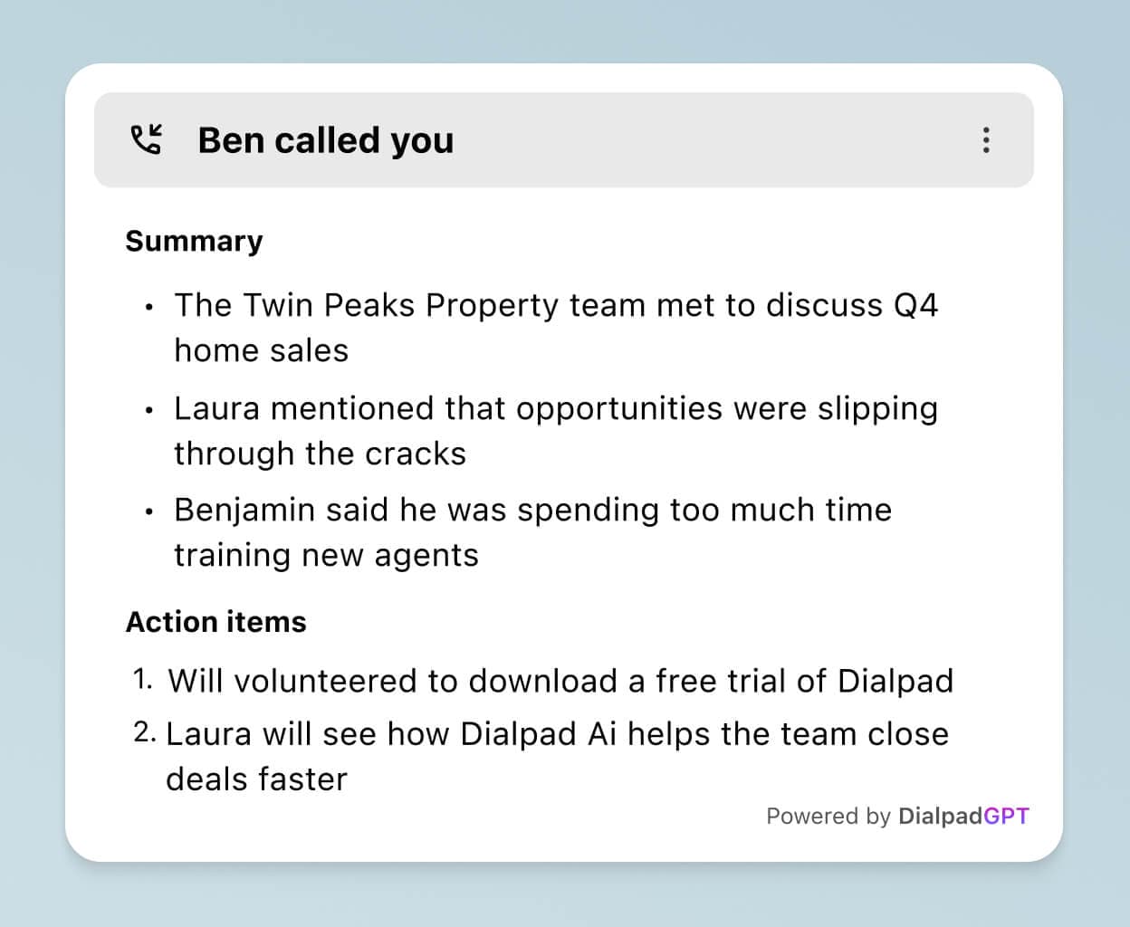 Screenshot of Dialpad Ai Recaps generating a summary and list of action items after a phone call ends