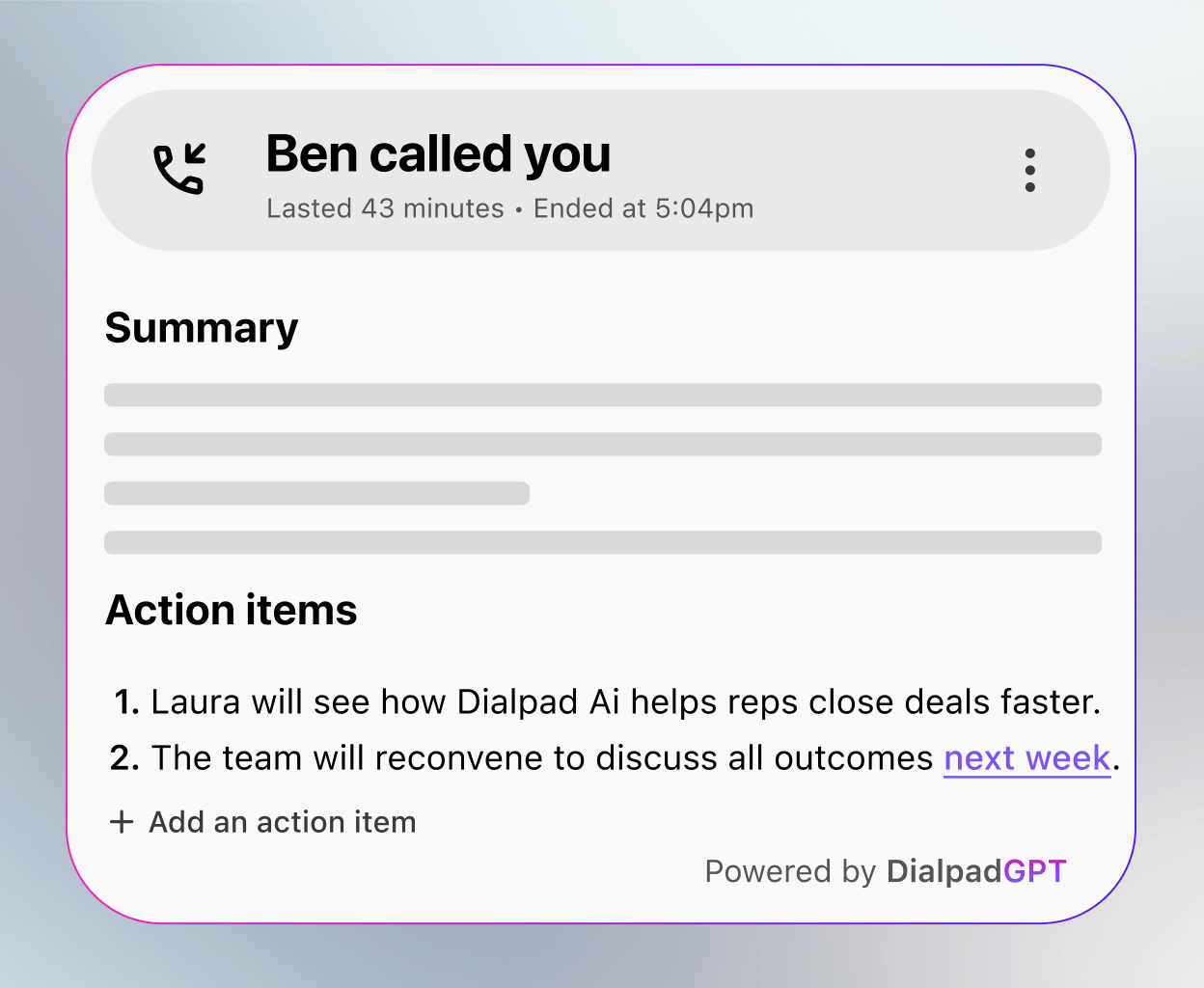 Capture d'écran de Dialpad Ai Recaps en train de générer des actions après un appel téléphonique