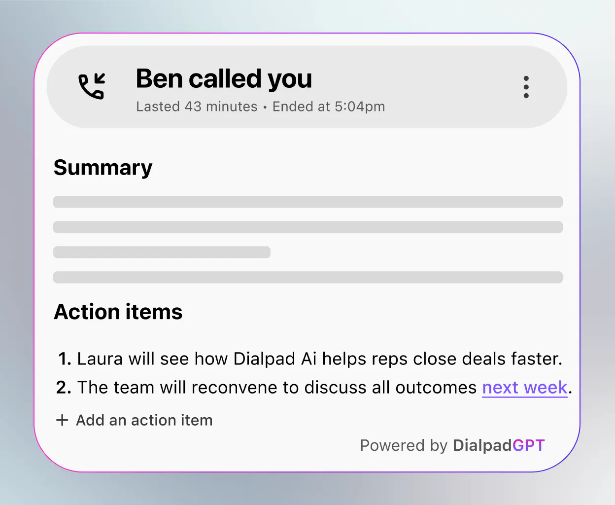 Screenshot of Dialpad Ai Recaps generating a list of action items after a call