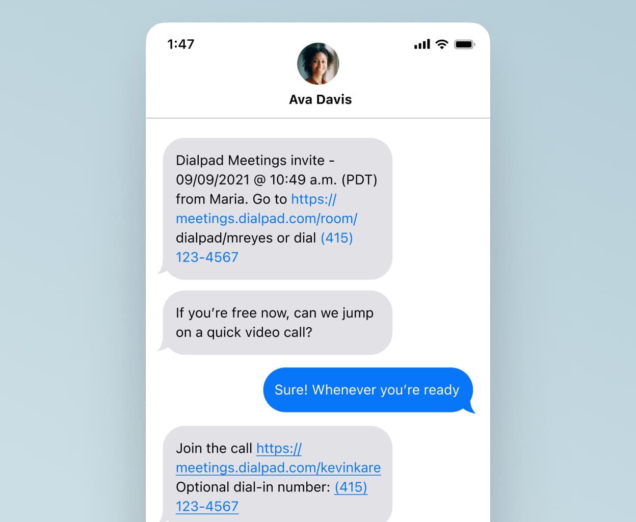 Sending a screen share invite via SMS text message using Dialpad.