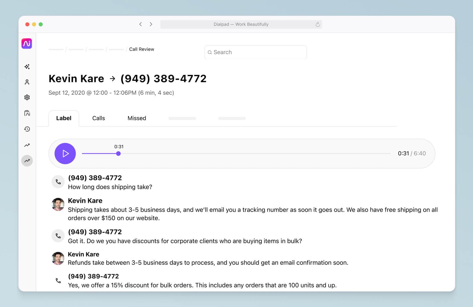 Screenshot of Dialpad-s AI-powered post-call summary with transcript and recording