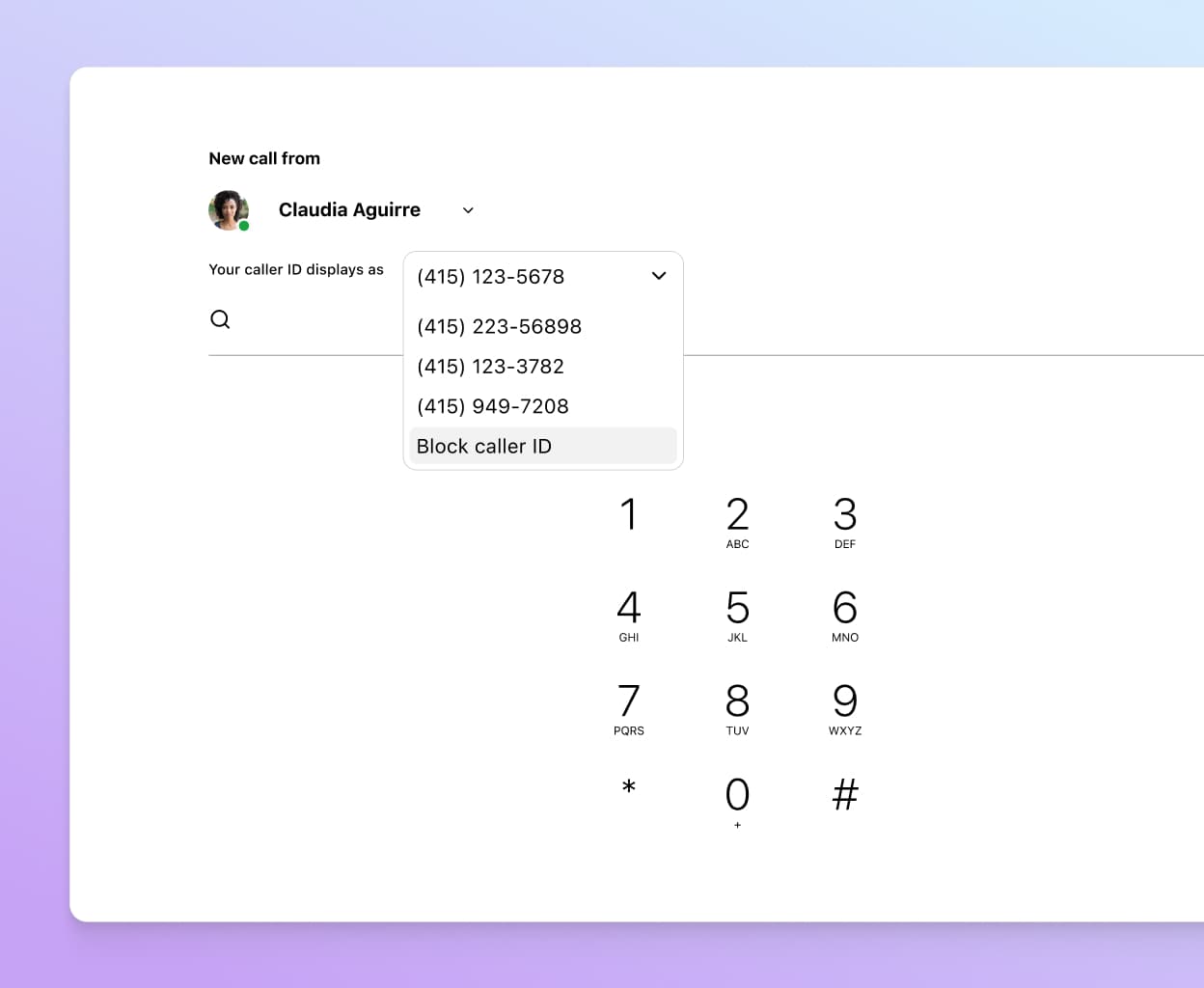 Choosing a caller ID to display when making a work call from one's personal cell phone using Dialpad's app.