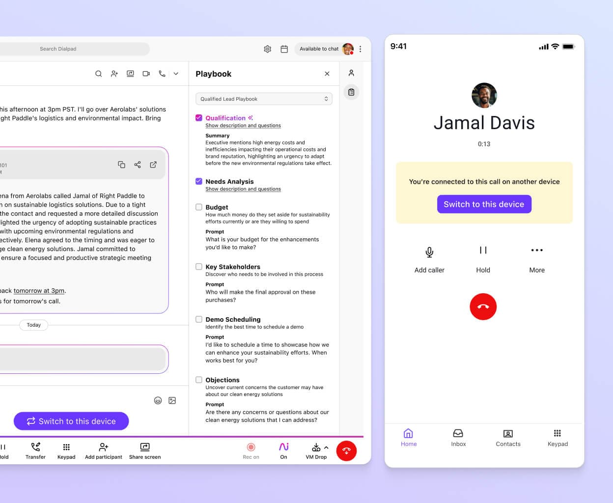 Screenshot of Dialpad's call flip feature seamlessly flipping a call between a desktop and mobile app