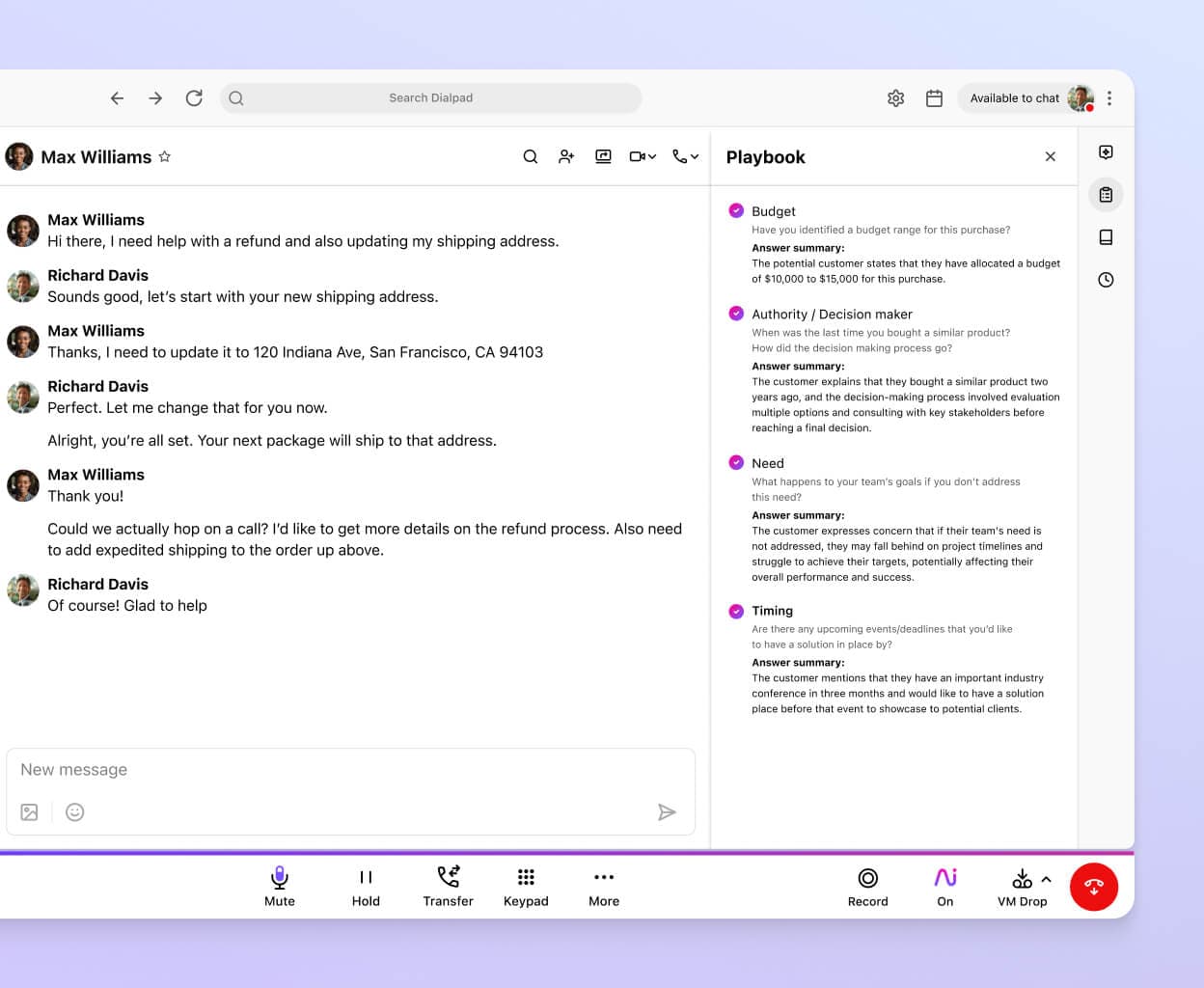 Screenshot of Dialpad's Ai Playbooks feature, displaying a user interface for accessing AI-driven call scripts and guidance