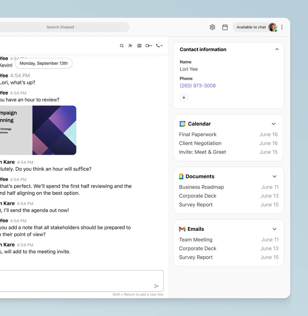 Screenshot of Dialpads integration with Google Workspace