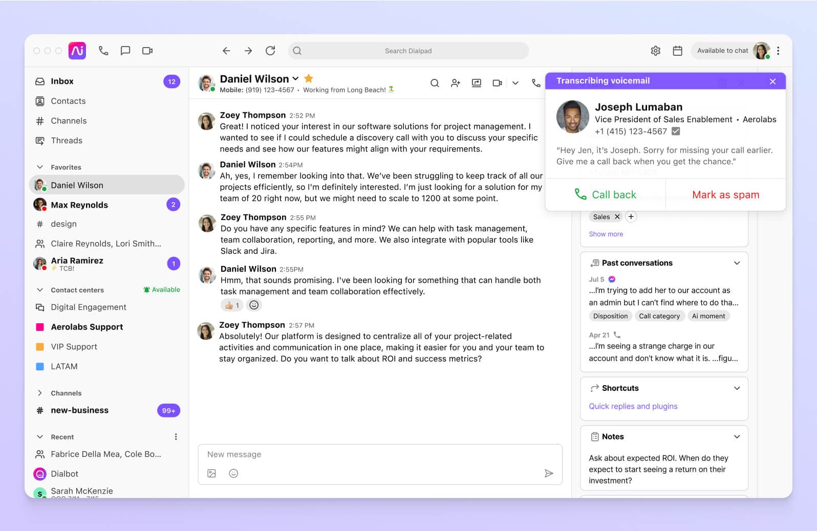 Screenshot of Dialpads visual voicemail transcription feature