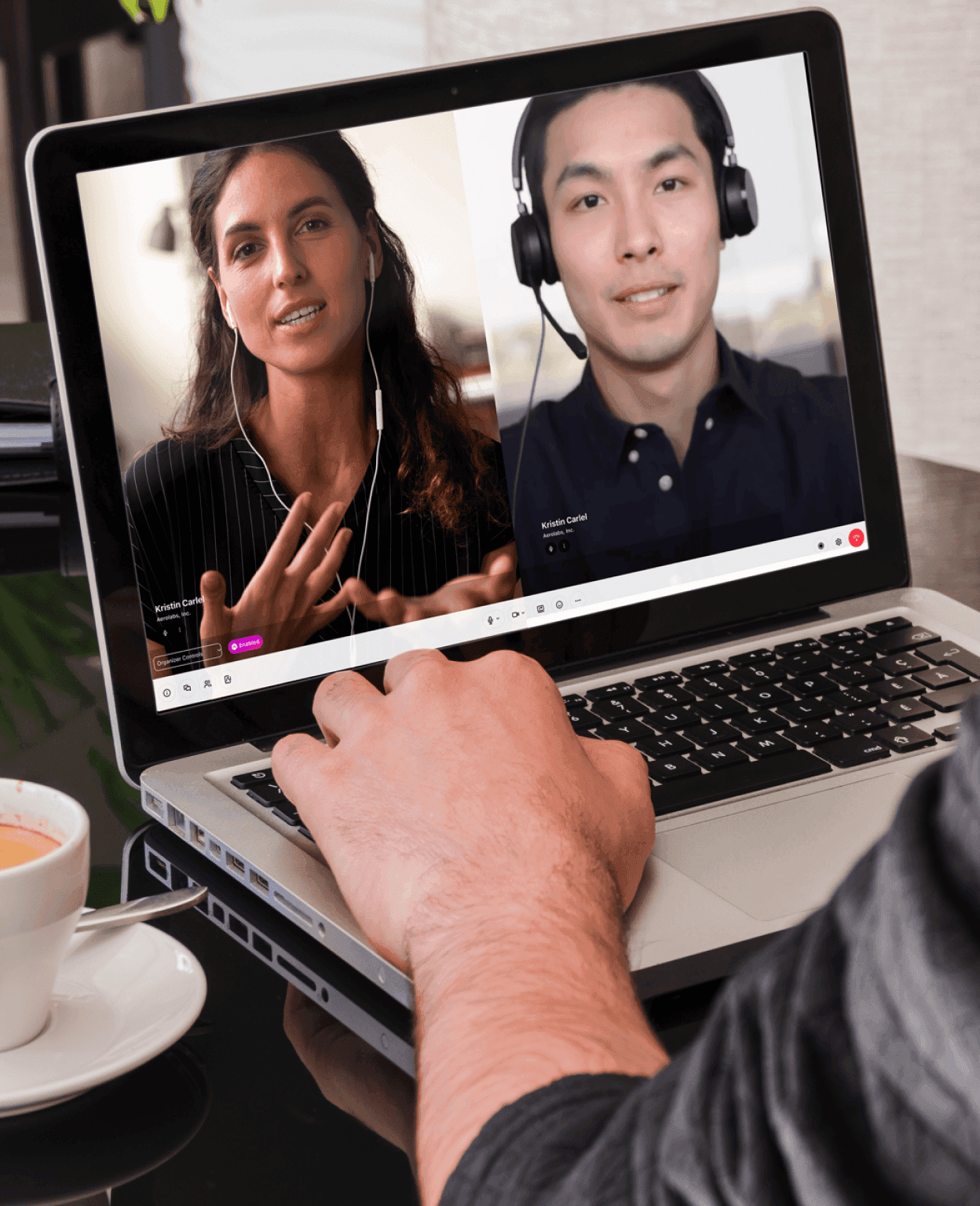 A person in a video conference call with two other people