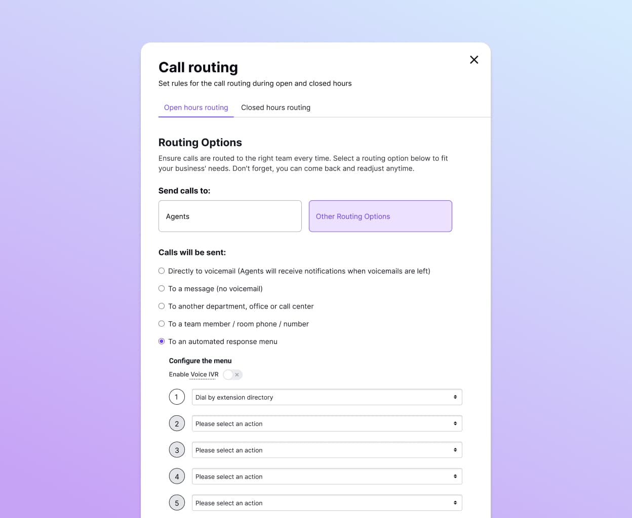 Screenshot of Dialpad's call routing options