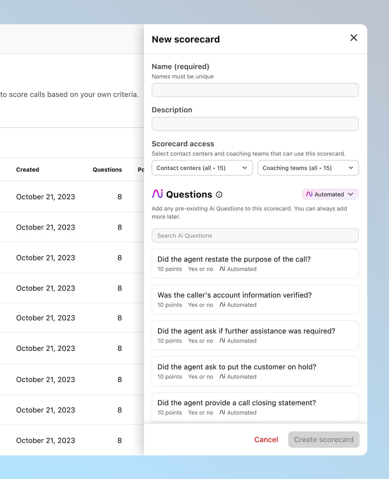 Capture d'écran (ajouter des scorecards d'assurance qualité dans Dialpad)