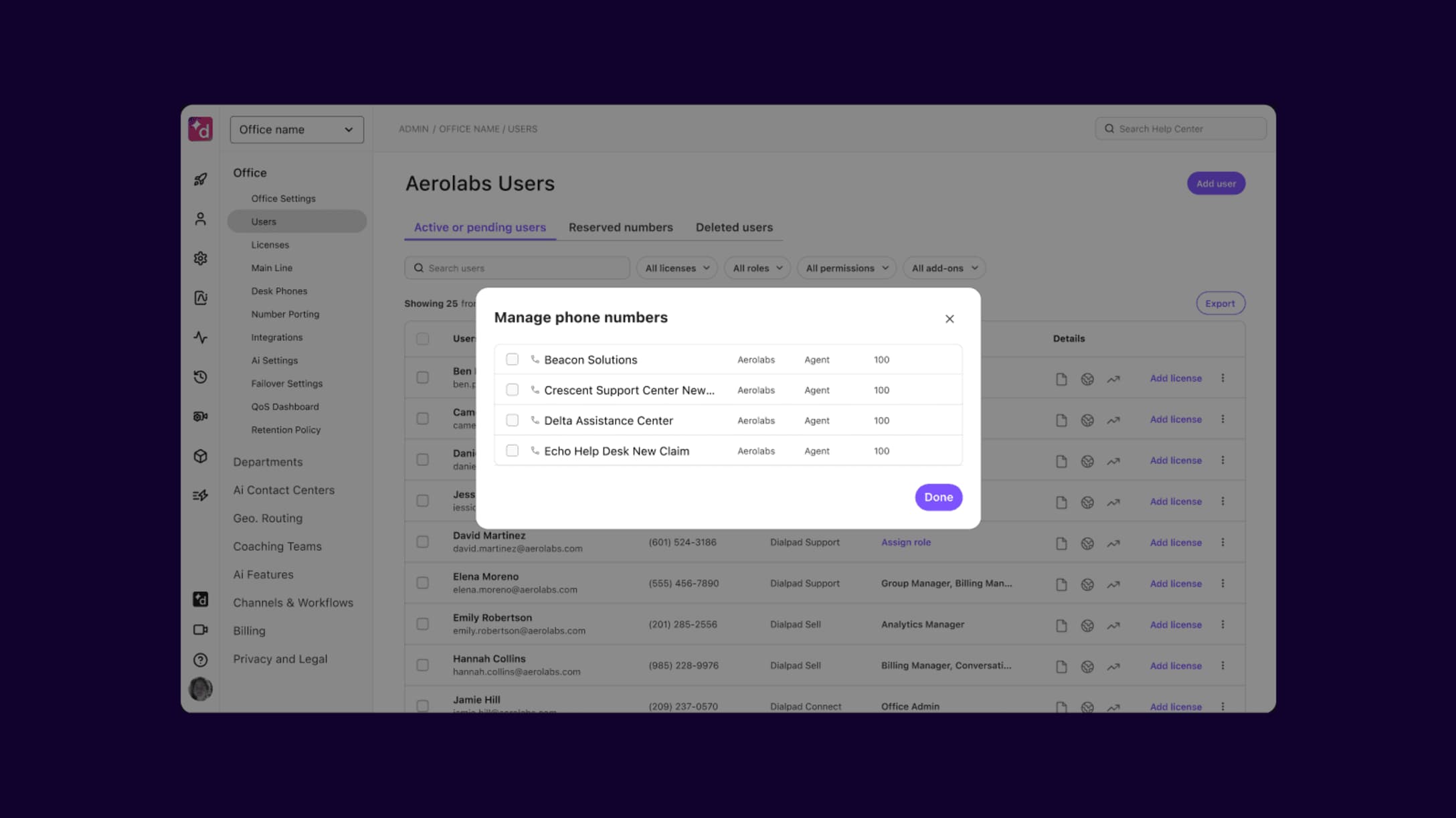 Phone number management interface in Dialpad for PBX phone system business line administration